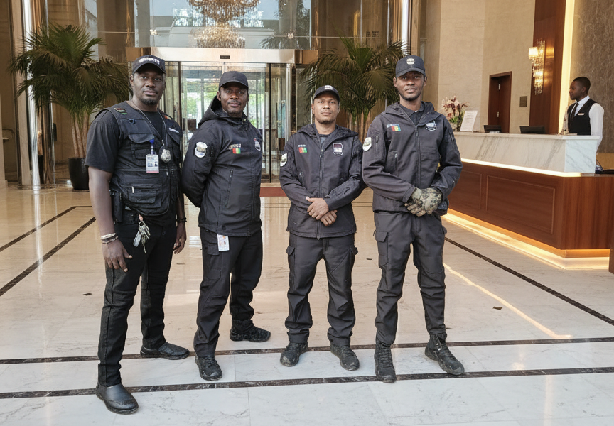 Event venue entrance with security personnel, evening light, professional dark suited guards